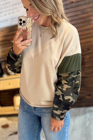 Apricot Camo Print Patchwork Sleeve Raw Hem Plus Size Sweatshirt, Dear-Lover Dropshipping - A Blissfully Beautiful Boutique