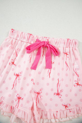 Pink Bow Print Contrast Pipping Short Pajamas Set, A Blissfully Beautiful Boutique - A Blissfully Beautiful Boutique