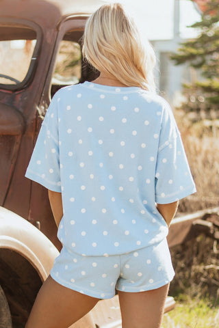 Sky Blue Exposed Seam Detail Polka Dot Loose Tee Drawstring Shorts Set, Dear-Lover Dropshipping - A Blissfully Beautiful Boutique