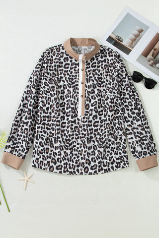 Multicolour Leopard Print Contrast Trim Button Split Neck Plus Long Sleeve Top, Dear-Lover Dropshipping - A Blissfully Beautiful Boutique