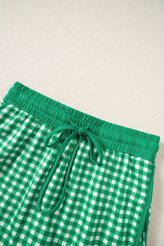Red Gingham Oversized Ribbed Trim Crew Neck Long Sleeve Top and Skort Set