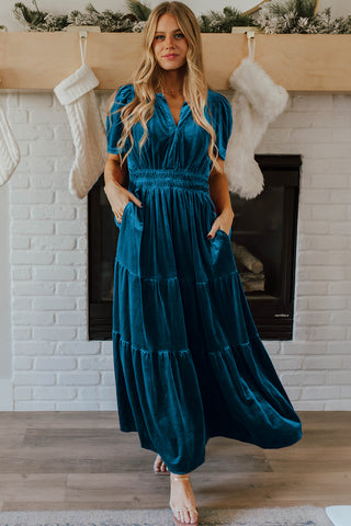 Prussian Blue Velvet Short Sleeve Shirred Waist Tiered Maxi Dress | A Blissfully Beautiful Boutique Prussian Blue Velvet Short Sleeve Shirred Waist Tiered Maxi Dress | A Blissfully Beautiful Boutique