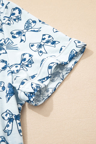 Sky Blue Bow Print Short Pajama Set, Dear-Lover Dropshipping - A Blissfully Beautiful Boutique