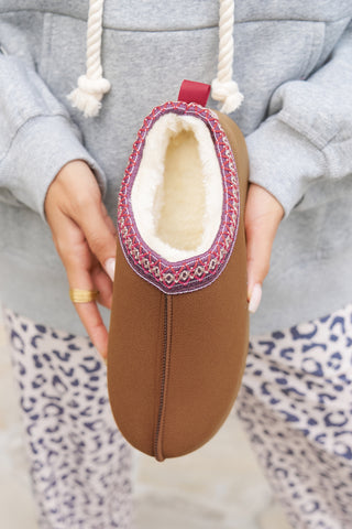 Chestnut Suede Contrast Print Round Toe Plush Lined Flats, Dear-Lover Dropshipping - A Blissfully Beautiful Boutique