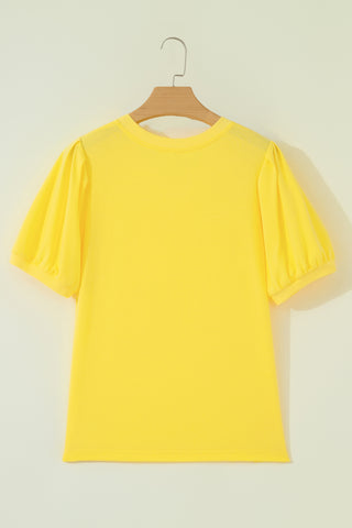 Yellow Solid Color V Neck Short Puff Sleeve Blouse