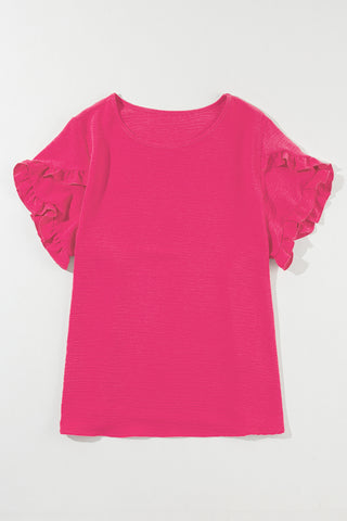 Bright Pink Ruffled Short Sleeve Plus Size Top