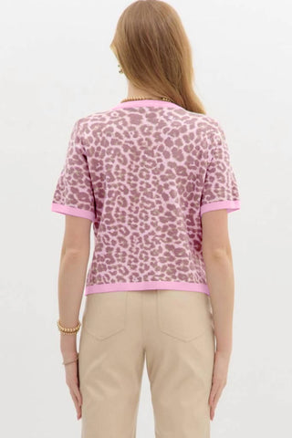 Pink Leopard Button Down Short Sleeve Sweater Cardigan, Dear-Lover Dropshipping - A Blissfully Beautiful Boutique
