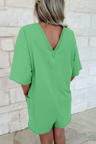Bright Green Solid Color Raw Edge Half Sleeve Pocketed Loose Romper, Dear-Lover Dropshipping - A Blissfully Beautiful Boutique