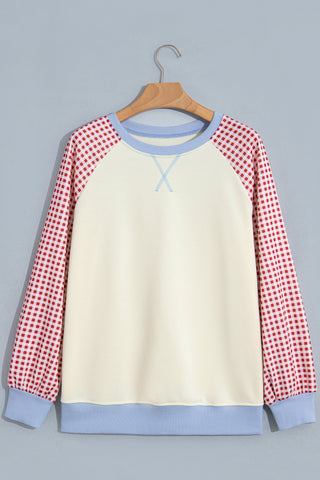 Beige Plaid Sleeve Colorblock Raglan Pullover Sweatshirt