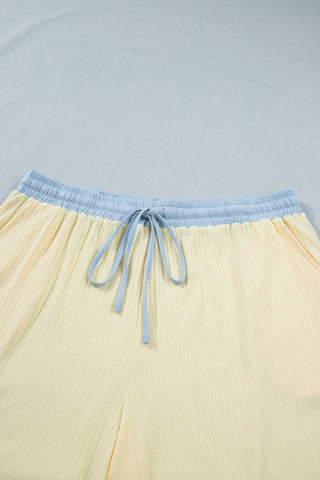 Yellow Cream Plus Size Ribbed Color Block Trim Drawstring Shorts 2pcs Set, Dear-Lover Dropshipping - A Blissfully Beautiful Boutique