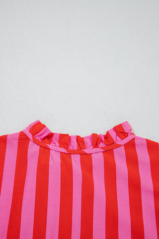 Red Stripe Half Button Puff Sleeve Loose Mini Dress