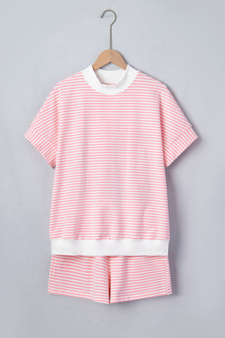 Pink Stripe Cuffed Sleeve Contrast Mock Neck Tee Casual 2pcs Short Set, Dear-Lover Dropshipping - A Blissfully Beautiful Boutique
