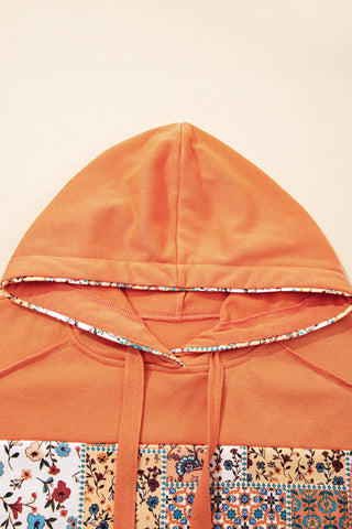 Flamingo Mix Floral Patchwork Side Slit Drawstring Hoodie