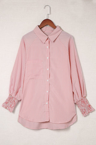 Red Stripe Smocked Cuffed Striped Boyfriend Shirt with Pocket