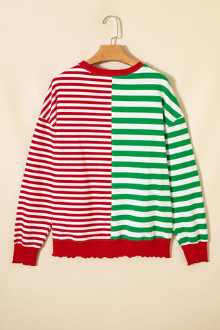 Green Stripe Contrasted Color Block Patchwork Baggy Sweatshirt