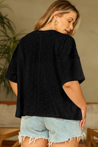 Black Pointelle Rhombus Knit Plus Size V Neck Loose Top, Dear-Lover Dropshipping - A Blissfully Beautiful Boutique
