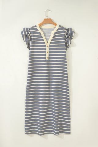 Blue Stripe Plus Size Contrast Trim Button V Neck Ruffle Sleeve Shift Dress