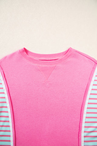 Rose Stripe Color Block Patchwork Relaxed Split Long Sleeve Top