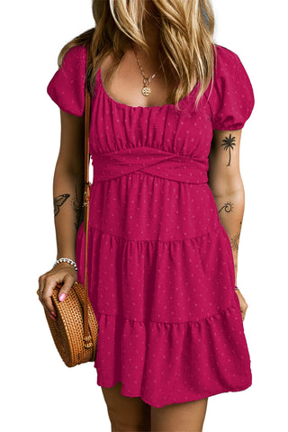 Rose Red Swiss Dot Jacquard Puff Sleeve Crossover Tied Tiered Dress