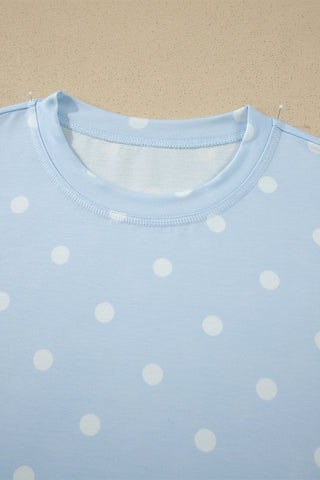 Sky Blue Exposed Seam Detail Polka Dot Loose Tee Drawstring Shorts Set, Dear-Lover Dropshipping - A Blissfully Beautiful Boutique