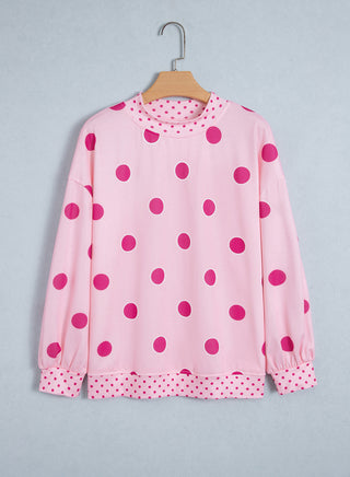 Pink Polka Dot Print Contrast Detail Oversized Tunic Sweatshirt