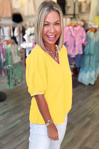 Yellow Solid Color V Neck Short Puff Sleeve Blouse, Dear-Lover Dropshipping - A Blissfully Beautiful Boutique