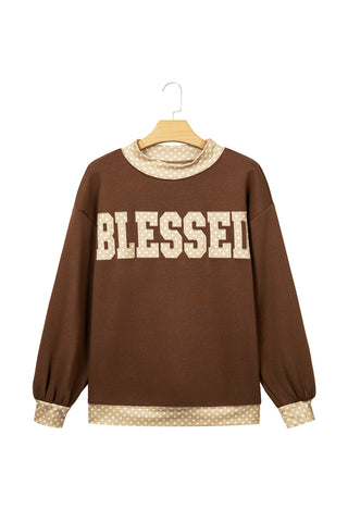Coffee Polka Dot Trim High Neck BLESSED Letter Graphic Baggy Sweatshirt