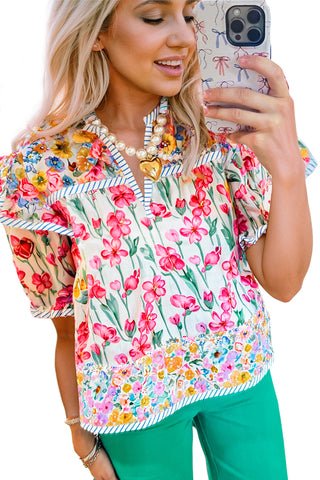 Pink Floral Print Striped Detail Split Neck Short Sleeve Blouse, A Blissfully Beautiful Boutique - A Blissfully Beautiful Boutique