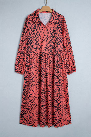Red Leopard Print Long Sleeve V Neck Plus Size Midi Dress