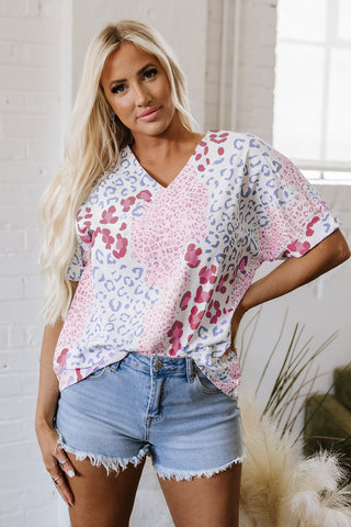 Pink Mixed Leopard Print V Neck Short Sleeve Blouse, A Blissfully Beautiful Boutique - A Blissfully Beautiful Boutique