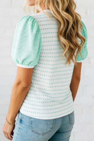 Green Striped Short Puff Sleeve Top, Dear-Lover Dropshipping - A Blissfully Beautiful Boutique