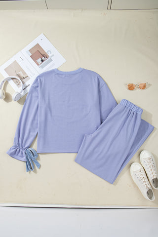 Beau Blue Flounce Long Sleeve Top Drawstring Pants Contrast Velvet Bow Knot 2pcs Lounge Set, Dear-Lover Dropshipping - A Blissfully Beautiful Boutique