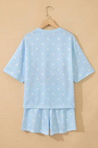 Sky Blue Exposed Seam Detail Polka Dot Loose Tee Drawstring Shorts Set, Dear-Lover Dropshipping - A Blissfully Beautiful Boutique
