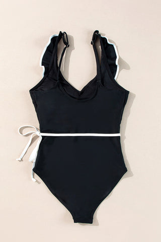 Black Color Contrast Ruffled Wrap V Neck Swimsuit