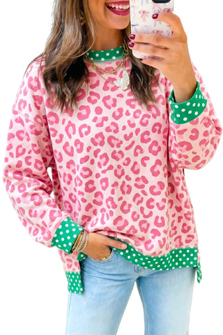 Pink Leopard Polka Dot Colorblock Trim Long Sleeve Top