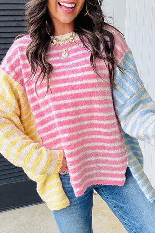 Multicolour Color Block Striped Patchwork Dolman Sleeve Slit Sweater, Dear-Lover Dropshipping - A Blissfully Beautiful Boutique