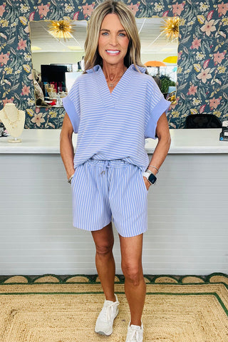Sky Blue Stripe Dolman Sleeve Polo Shirt and Drawstring Shorts Set, A Blissfully Beautiful Boutique - A Blissfully Beautiful Boutique