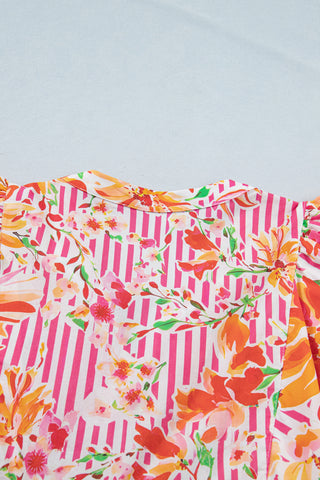 Pink Striped Floral Print Tie Neck Puff Sleeve Loose Mini Dress, Dear-Lover Dropshipping - A Blissfully Beautiful Boutique