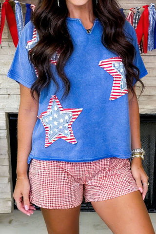 Sky Blue Patriot Star Patched Notched Neck Mineral Washed Tee, Dear-Lover Dropshipping - A Blissfully Beautiful Boutique