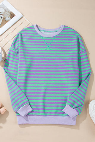 Blue Stripe Contrast Ribbed Trim Crossed Stitch Drop Shoulder Sweatshirt