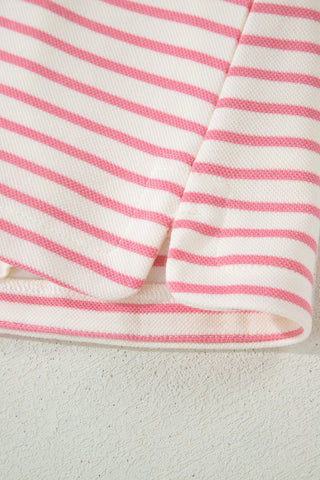 Pink Stripe Color Block Patchwork Polo Tee Drawstring Elastic Waist 2pcs Skort Set, Dear-Lover Dropshipping - A Blissfully Beautiful Boutique