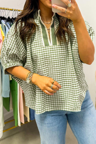 Green Plaid Short Sleeve Colorblock Trim Split Neck Blouse, Dear-Lover Dropshipping - A Blissfully Beautiful Boutique