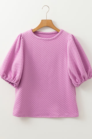 Phalaenopsis Solid Textured O Neck Puff Sleeve Blouse, A Blissfully Beautiful Boutique - A Blissfully Beautiful Boutique