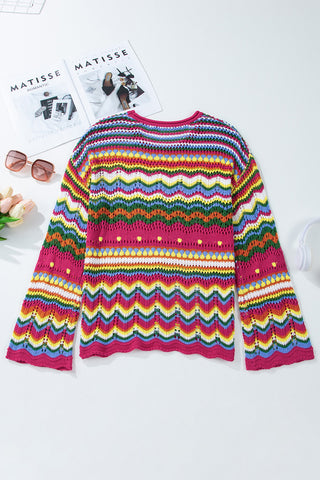 Rose Red Colorblock Striped Hollowed Knit Loose Sleeve Sweater