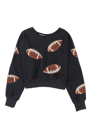 Black Sequined Rugby Graphic Open Back Sweatshirt