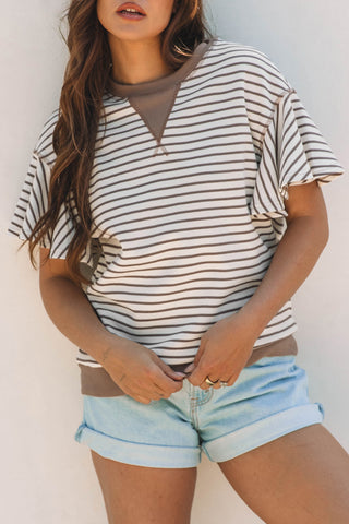 Parchment Contrast Detail Striped Ruffle Short Sleeve Top, A Blissfully Beautiful Boutique - A Blissfully Beautiful Boutique