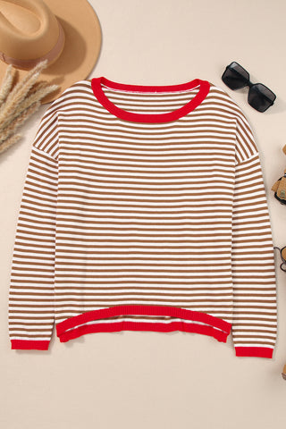 Brown Contrast Trimmed Striped Drop Shoulder Sweater