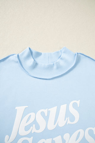 Mist Blue Jesus Saves Slogan Print Stand Neck Baggy Sweatshirt