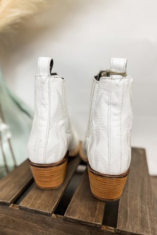 White Embroidered Leather Thick Heel Booties