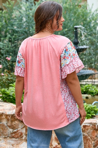 Pink Plus Size Floral Patchwork Ruffled Short Sleeve Blouse, A Blissfully Beautiful Boutique - A Blissfully Beautiful Boutique
